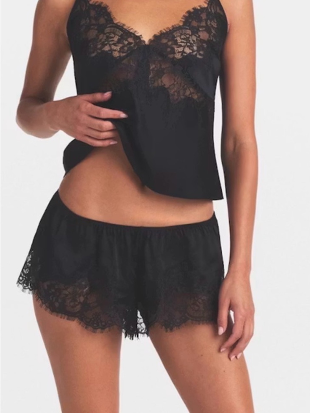 SKIMS Black Lace-Trim Camisole & Shorts Pajama Set silk
